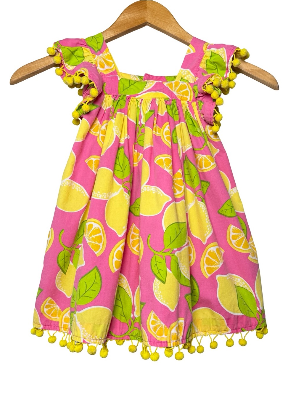Kelly's Kids Lettie Dress Lemon Print Pom Pom Pink Yellow Toddler Girls Size 2